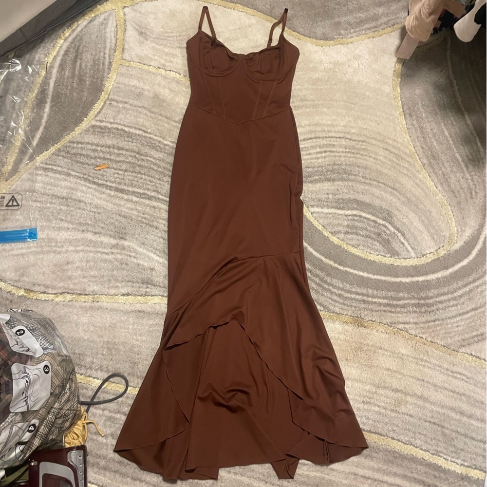Popilush Chocolate Brown Shapewear Mermaid Maxi Dress Built-In Shaper Medium - Picture 2 of 7